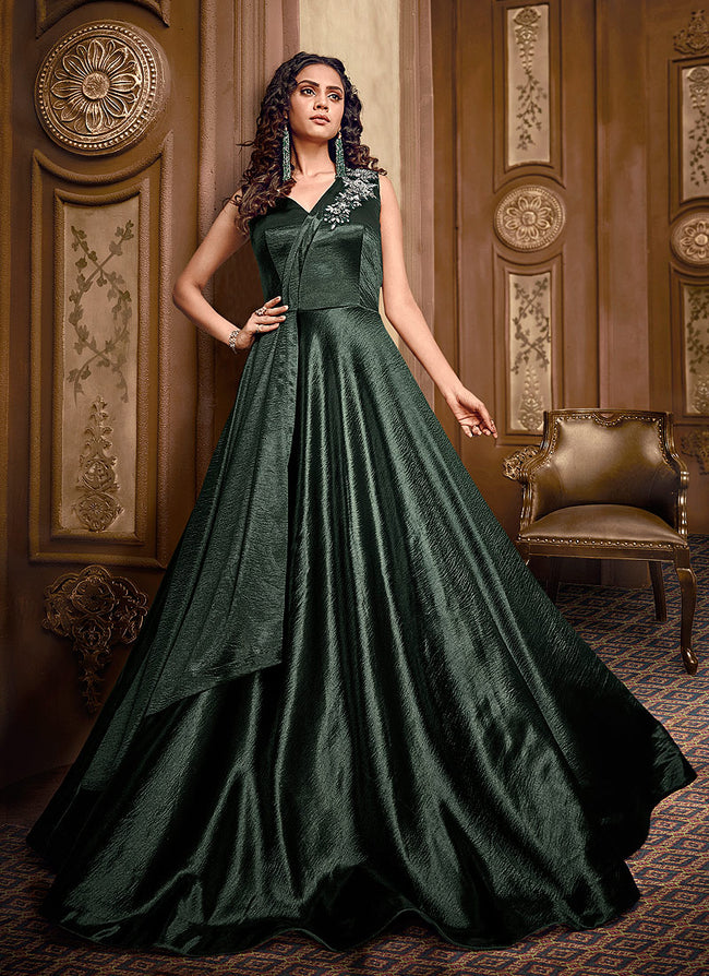Embellished Zari Stitched Georgette Green Colour Party Wear Gown | FashSpark